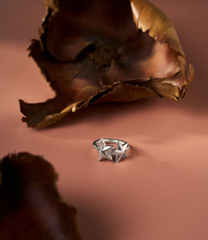 The Astra Star Ring in pure silver featuring two sculpted stars on a softly textured silver band.