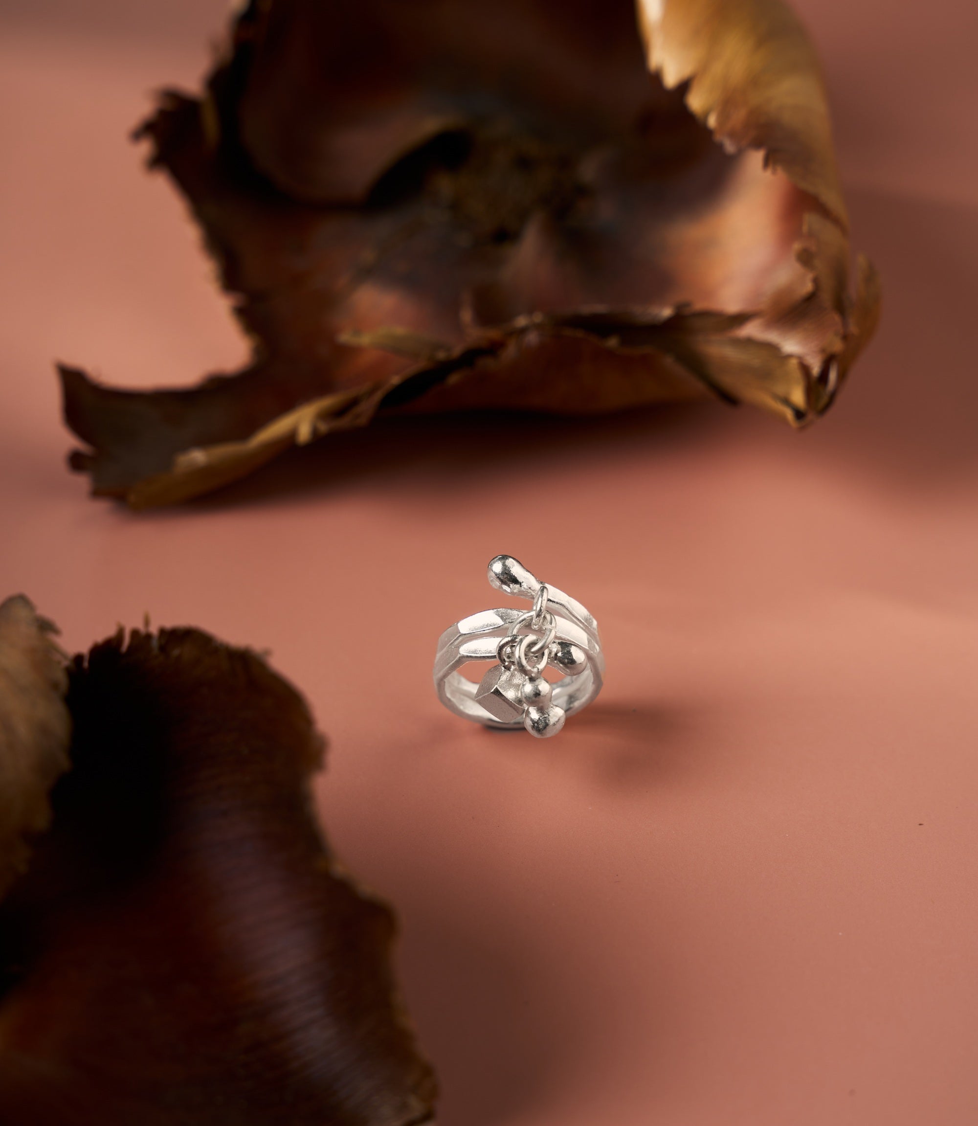 Delia Charm Ring in pure silver open band with polished charm cluster, Hill To Street