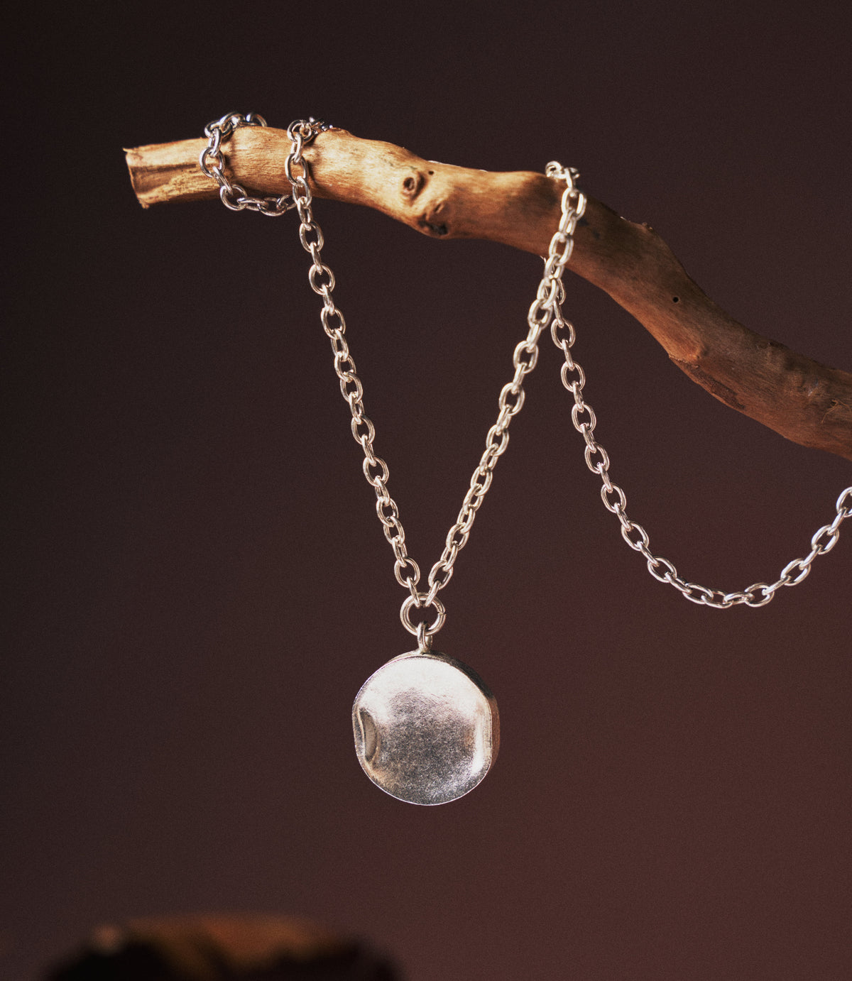 Noemi Necklace in pure silver featuring an organic textured pendant on a classic silver chain.