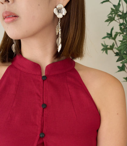 Model wearing Shuyi Earrings, a refined pure silver floral drop earring for everyday styling.