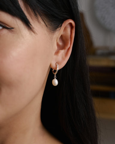 Maris Pearl Hoops in 925 sterling silver with single pearl drop, Hill To Street